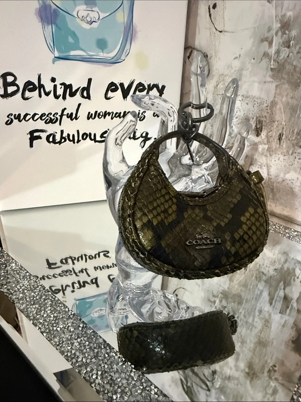 COACH Olive Green Python-Texture Mini Hobo Bag with Braided Trim and Logo Plaque